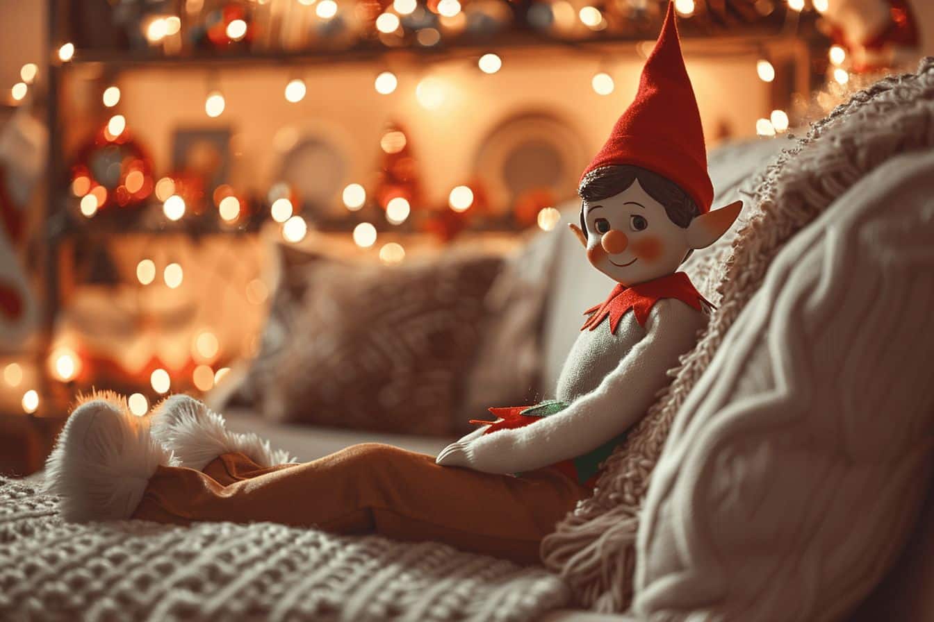 Lutin farceur joue avec des décorations de Noël