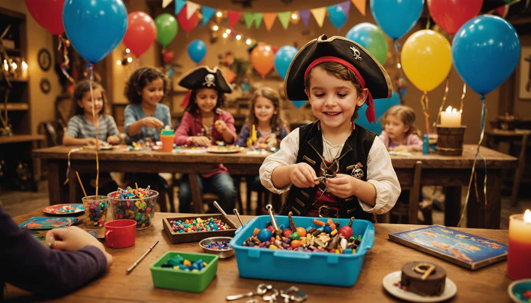 Enfant déguisé en pirate avec gâteau et décorations  
Groupe d'enfants jouant dans un décor de pirates