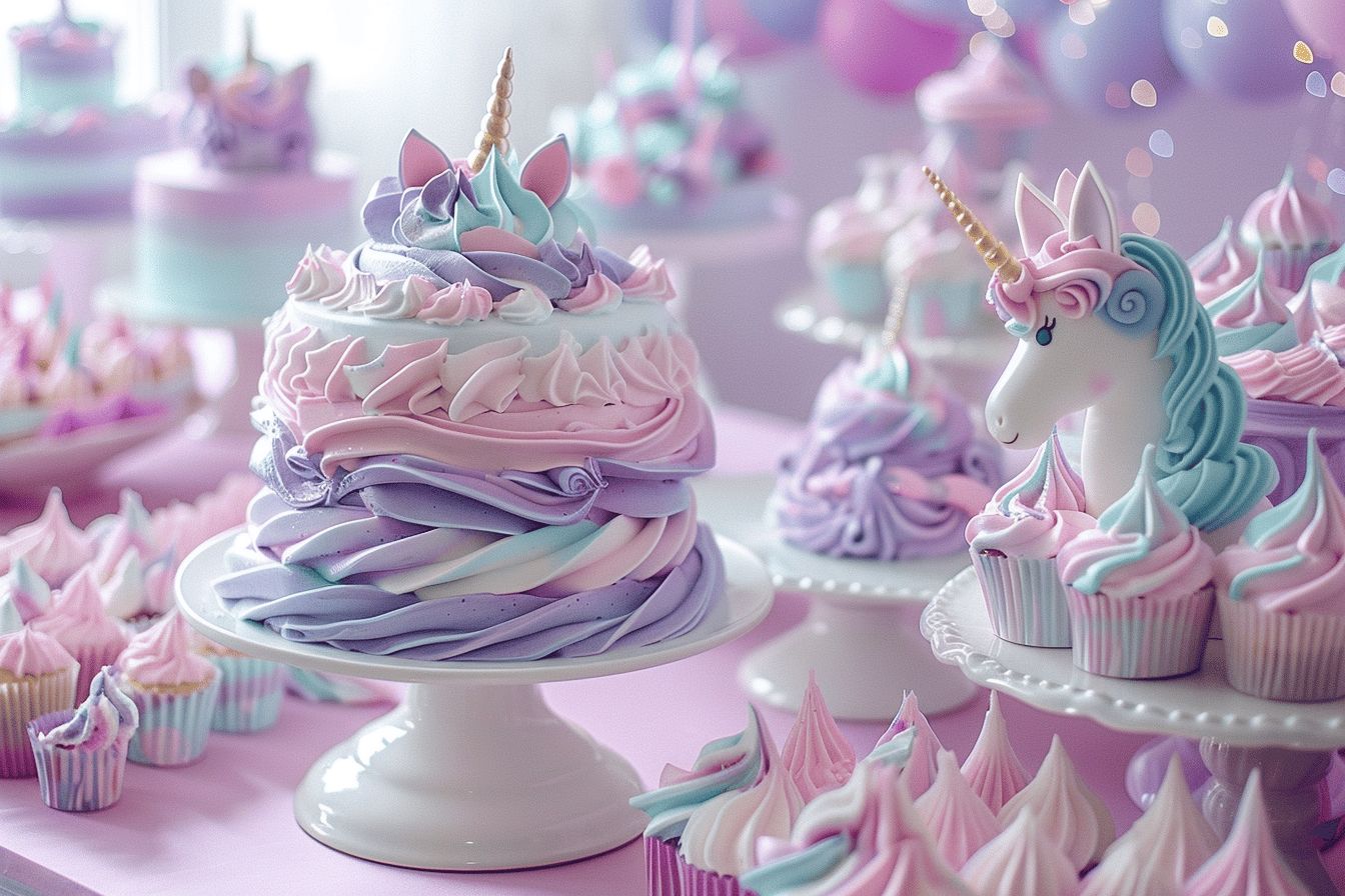 Fête colorée avec décorations licorne et gâteaux  
Enfants heureux entourés de ballons et de licornes