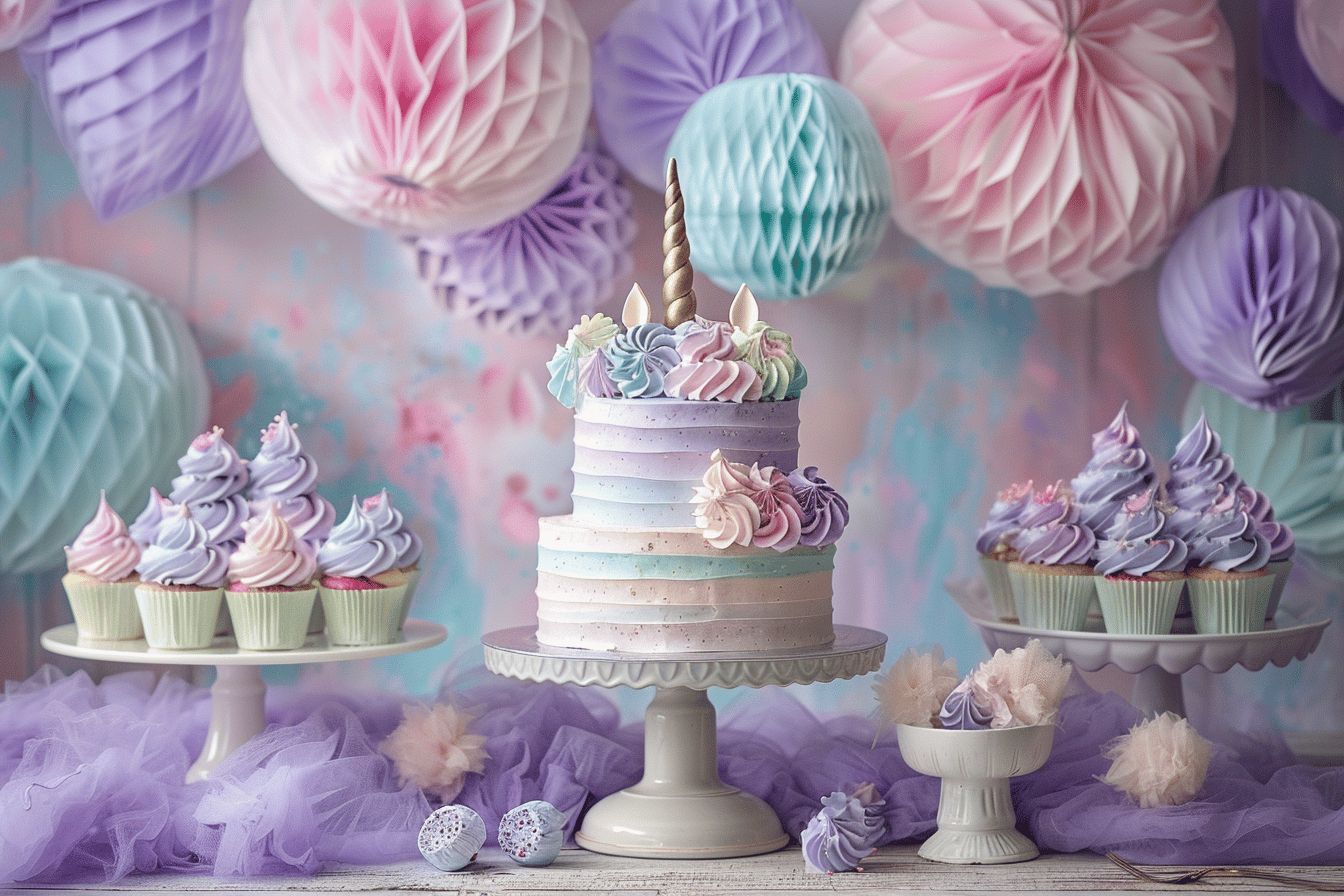 Fête colorée avec décorations licorne et gâteaux