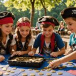 Enfant déguisé en pirate avec gâteau et décorations