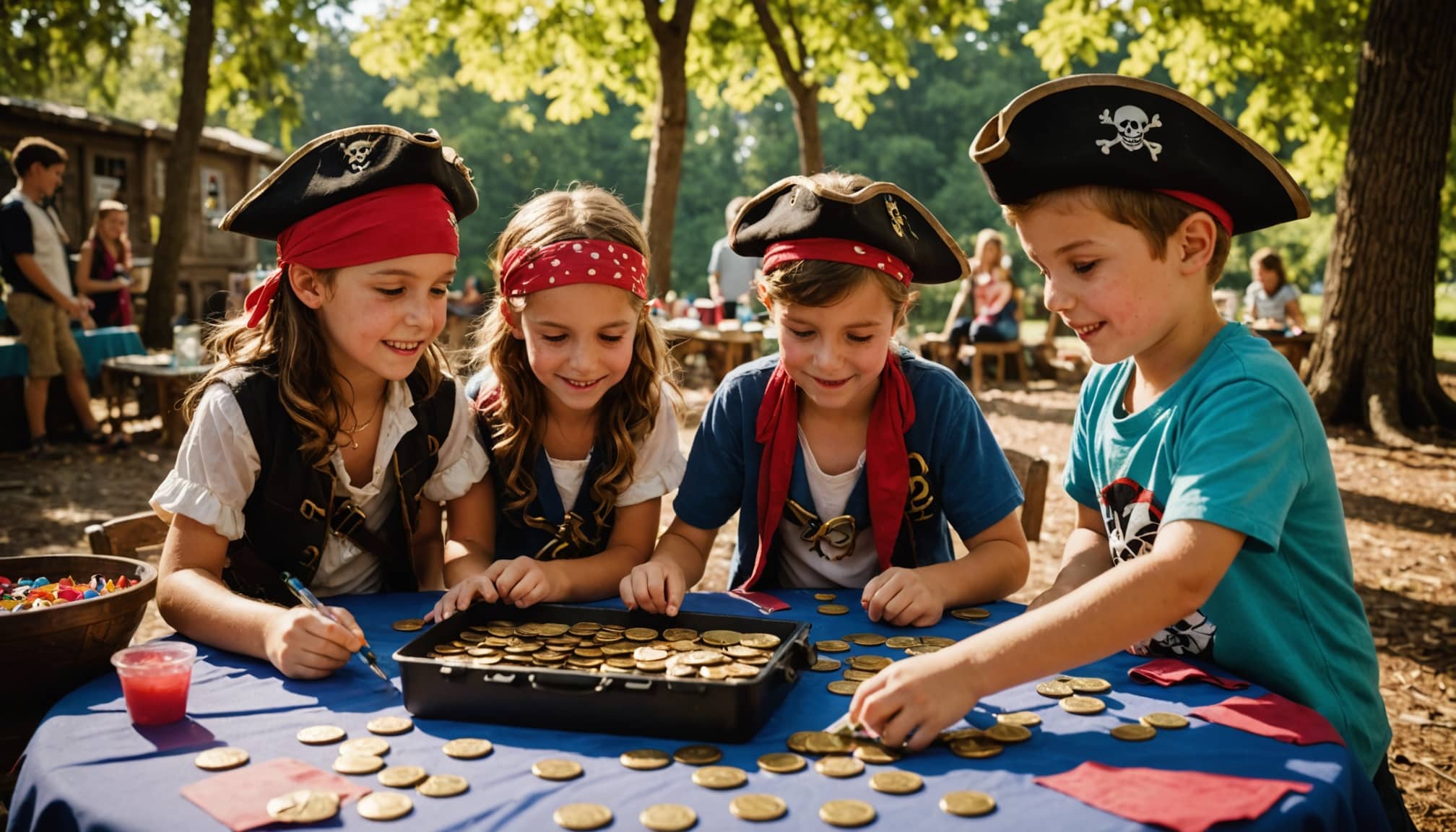 Enfant déguisé en pirate avec gâteau et décorations