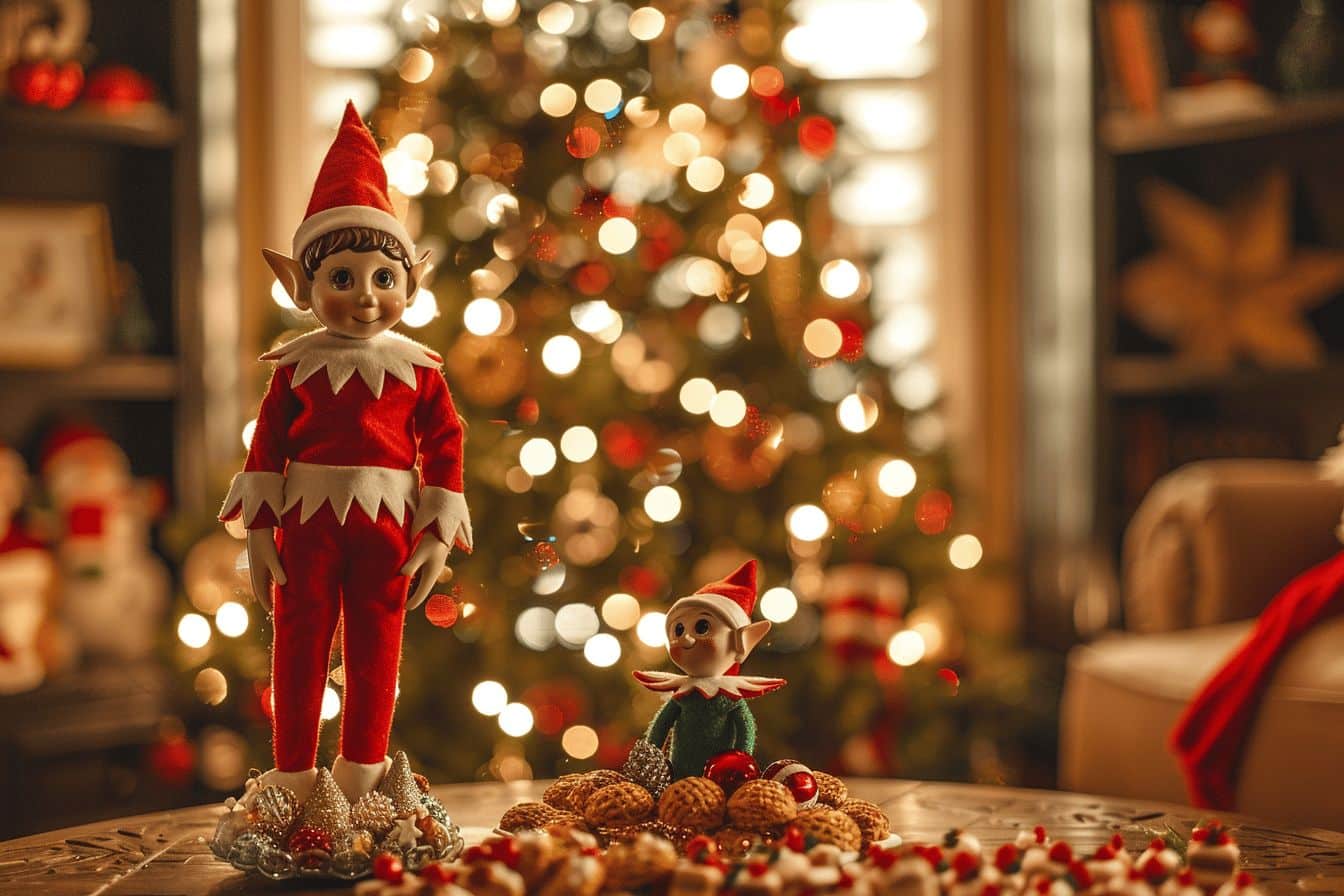 Lettre adressée au père Noël avec un lutin espiègle  
Enfant écrivant au père Noël avec un lutin joyeux