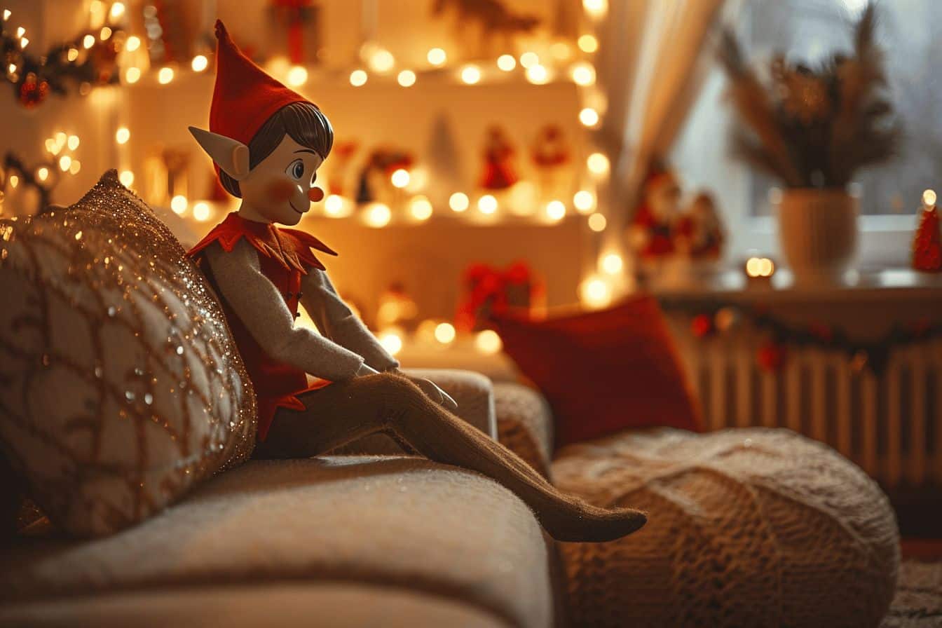 Lutin farceur joue avec des décorations de Noël  
Petit lutin s'amuse avec des cadeaux festifs